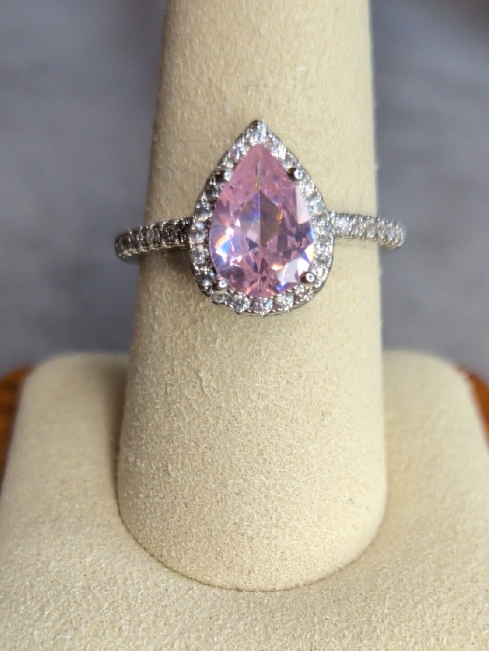 Halo Pink Pear-Cut Crystal Ring With WG